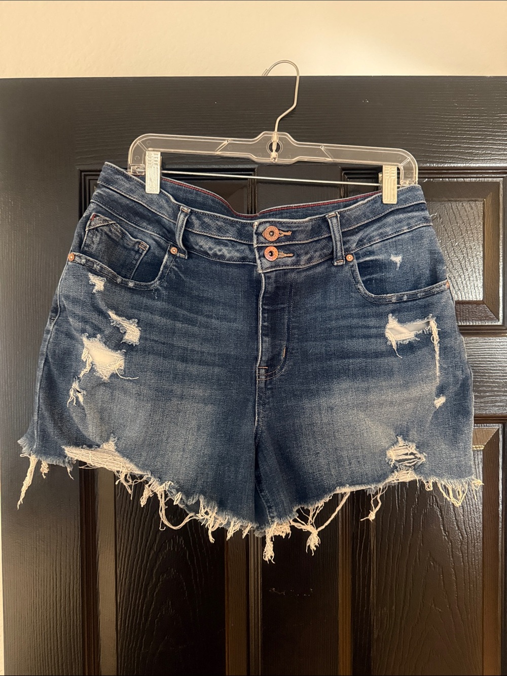 Distressed High-Waist Denim Shorts - Dark Blue